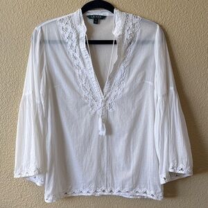 LRL Lauren Ralph Lauren Ivory Boho Blouse Size XS Bell Sleeve Semi Sheer Cottage